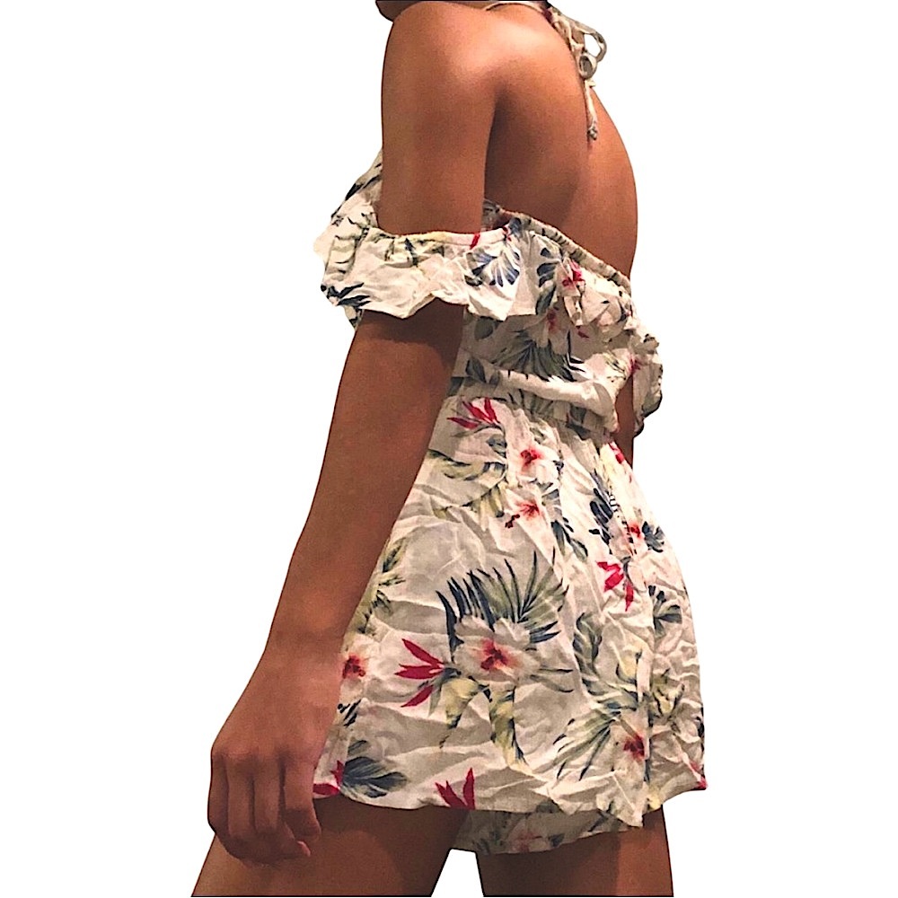Hollister Women’s White Hawaiian Floral Print Romper with Halter Neck size XS